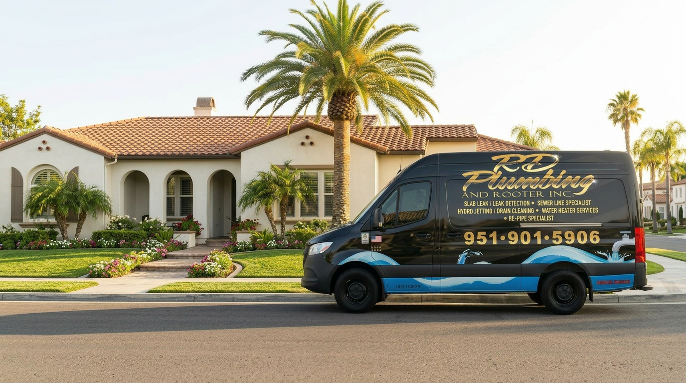 RD Plumbing & Rooter service van in a Riverside, California neighborhood